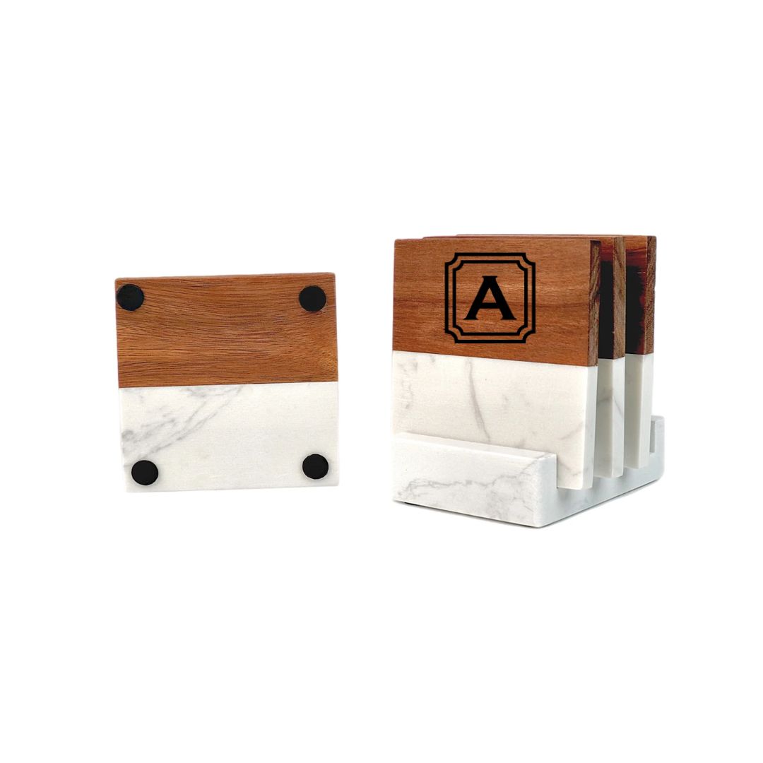 Personalized Marble and Acacia Wood Coaster Set